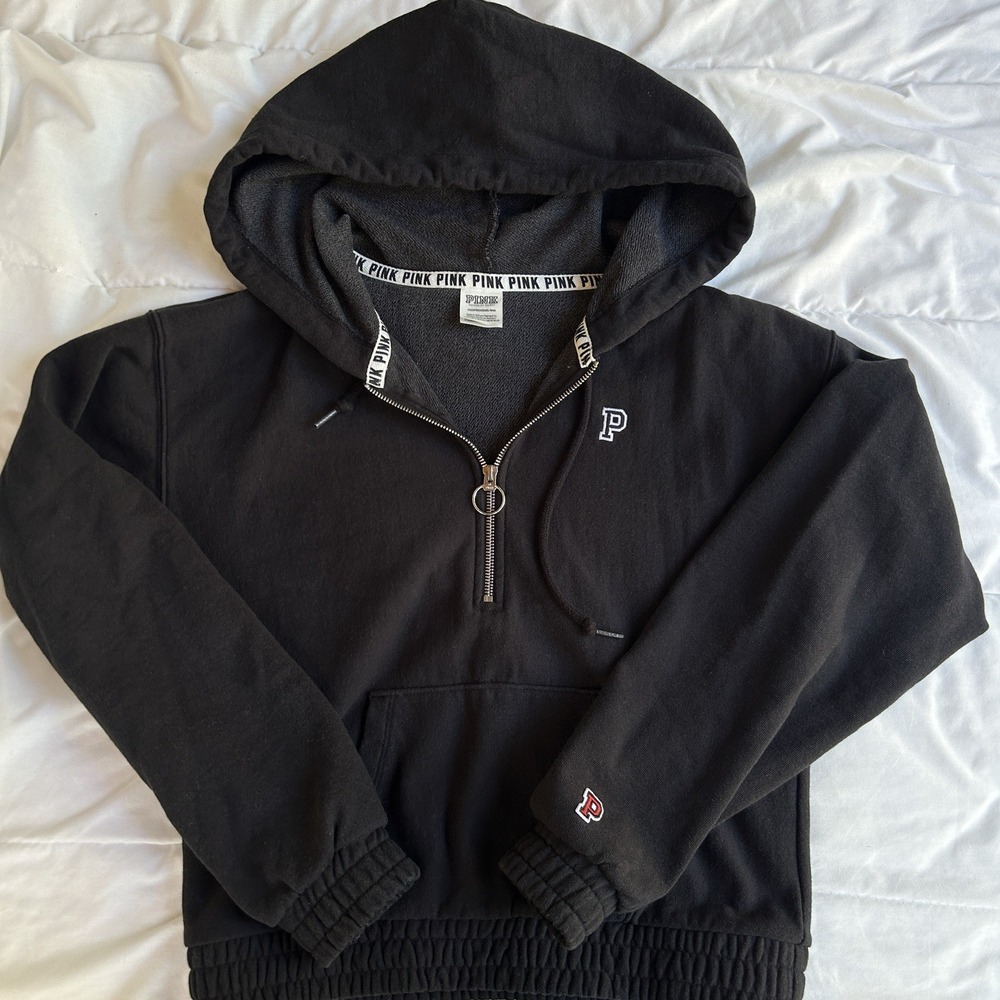 Victoria's Secret PINK Womens Hoodie 1/4 Zip Black X-Small‎ Pullover Sweatshirt